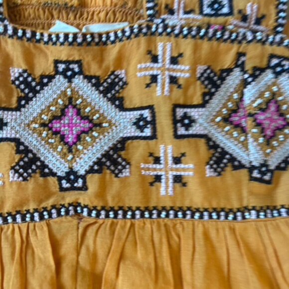 Anthropologie Teofila Embroidered Swing Dress Beaded Smocked Yellow Small - Picture 10 of 13